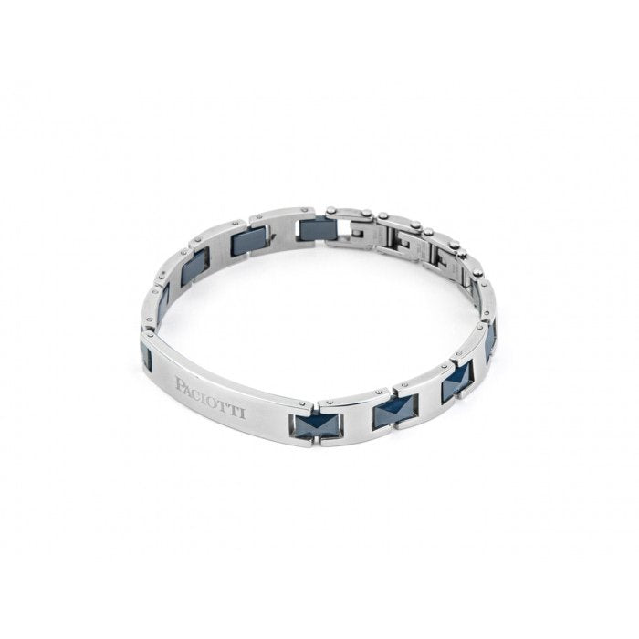 Flat mesh bracelet in steel and blue ceramic with central plate
