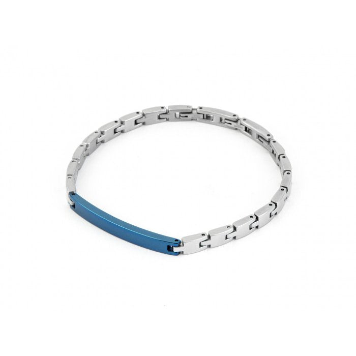 Narrow mesh bracelet with blue PVD central plate