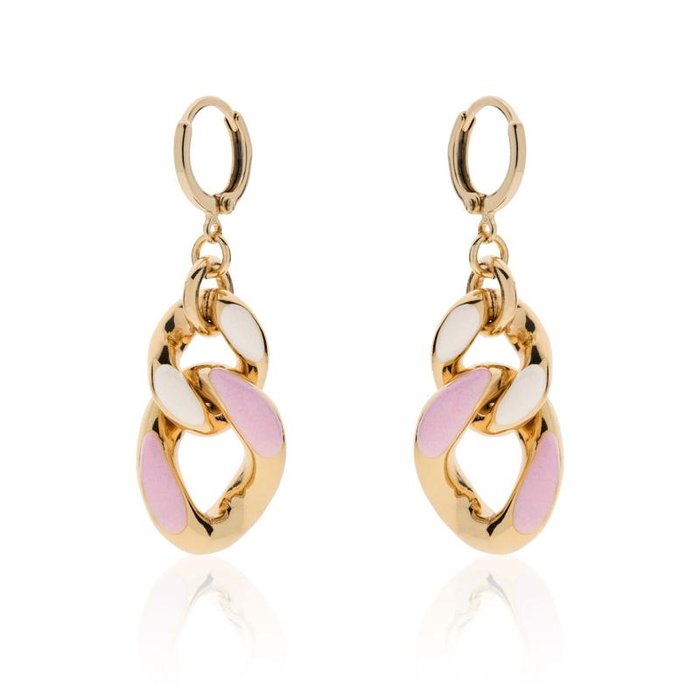 Boucles d'oreilles en bronze plaqué or avec émail rose et blanc