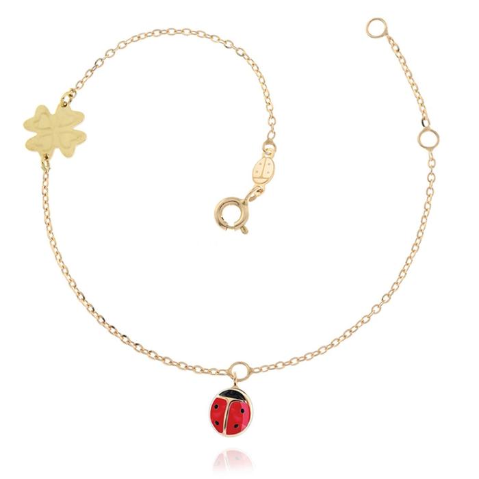 Bracelet trèfle coccinelle en or véritable