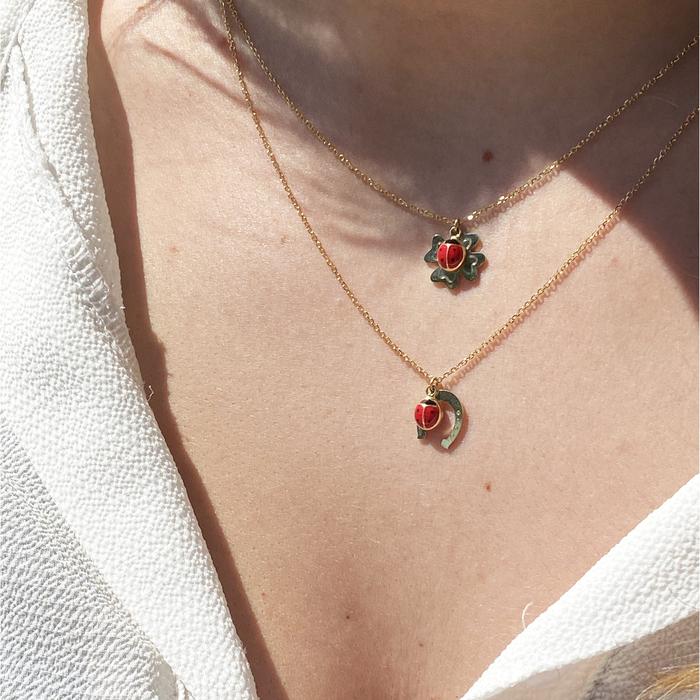 Collier trèfle coccinelle en or véritable