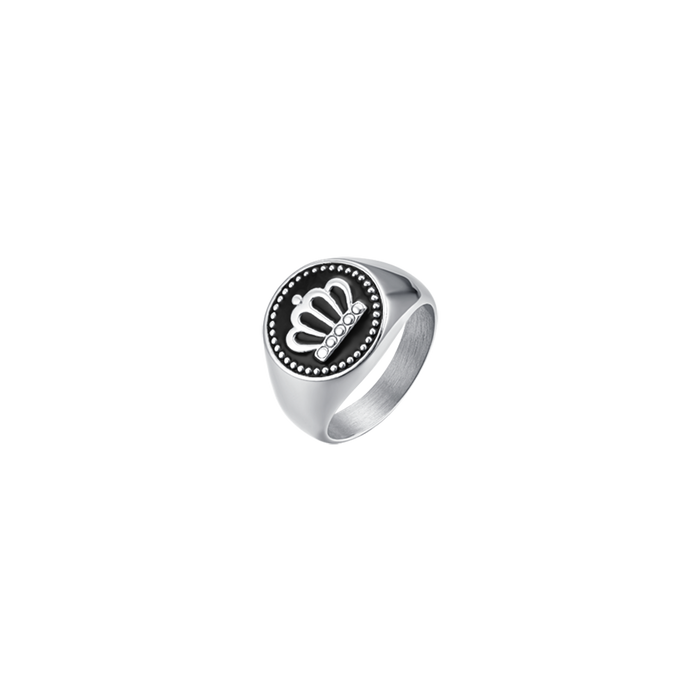 MEN'S STEEL RING WITH CROWN AND BLACK ENAMEL