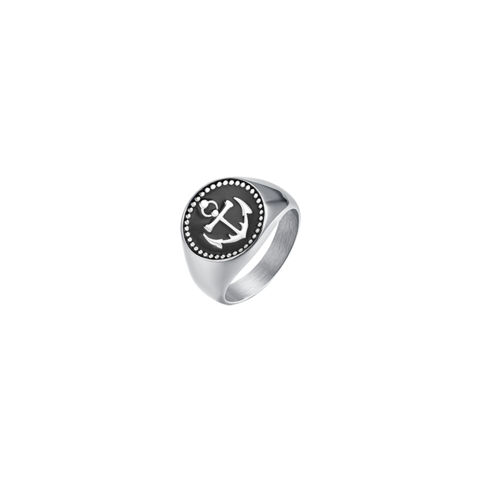 MEN'S RING IN STEEL WITH ANCHOR AND BLACK ENAMEL