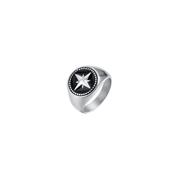 MEN'S STEEL RING WITH WIND ROSE AND BLACK ENAMEL