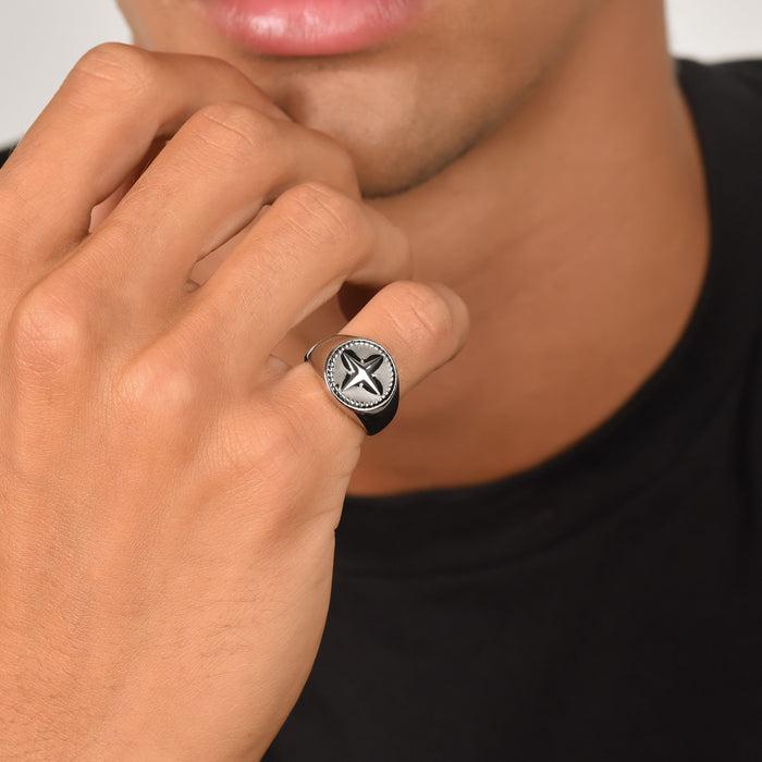 MEN'S STEEL RING WITH WIND ROSE AND BLACK ENAMEL