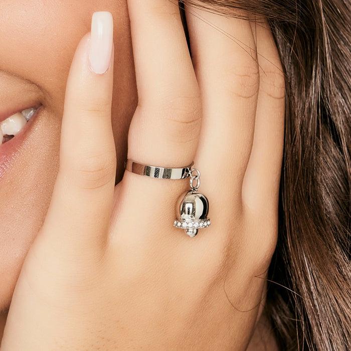 WOMEN'S STEEL RING WITH BELL WITH WHITE CRYSTALS