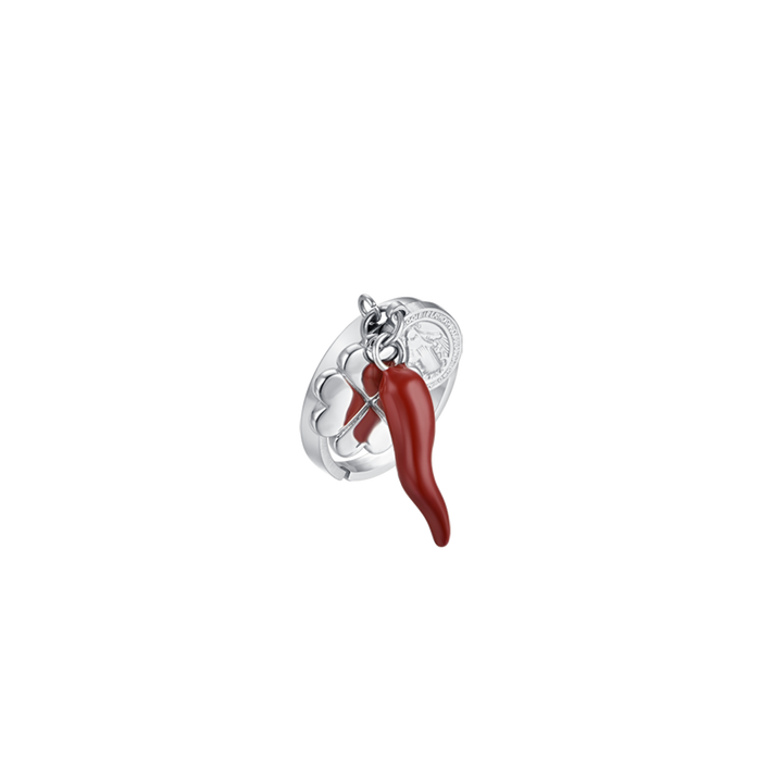BAGUE EN ACIER POUR FEMME AVEC CHARME TRÈFLE À QUATRE FEUILLES, CORNE ET MADONE