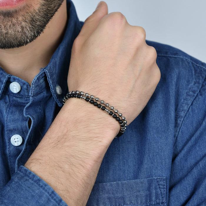 BRACELET EN ACIER POUR HOMME AVEC AGATE NOIRE ET ÉLÉMENTS EN ACIER
