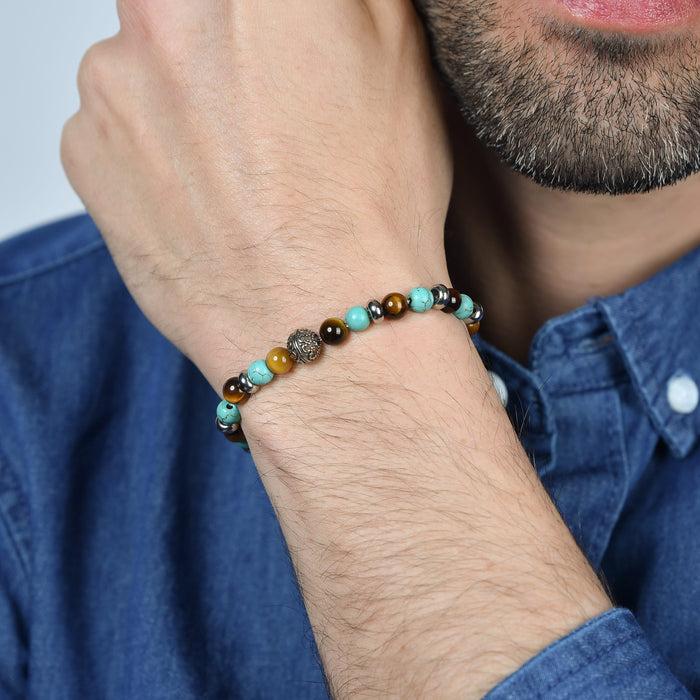 BRACELET ÉLASTIQUE POUR HOMME AVEC PIERRES TURQUOISE ET ŒIL DE TIGRE ET ÉLÉMENTS
