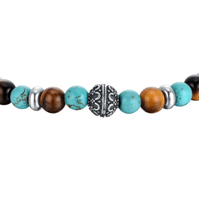BRACELET ÉLASTIQUE POUR HOMME AVEC PIERRES TURQUOISE ET ŒIL DE TIGRE ET ÉLÉMENTS