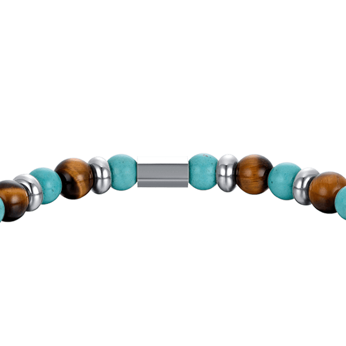 BRACELET ÉLASTIQUE POUR HOMME AVEC PIERRES TURQUOISE ET ŒIL DE TIGRE ET ÉLÉMENTS