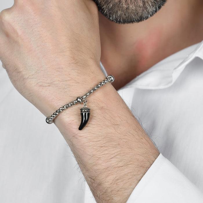 BRACELET HOMME EN ACIER AVEC CORNE ET ÉMAIL NOIR