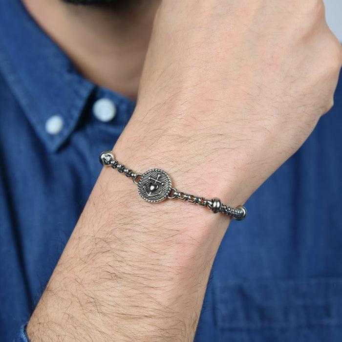 BRACELET HOMME EN ACIER AVEC PLAQUE ÉMAIL NOIR ET ANCRE AVEC CŒUR