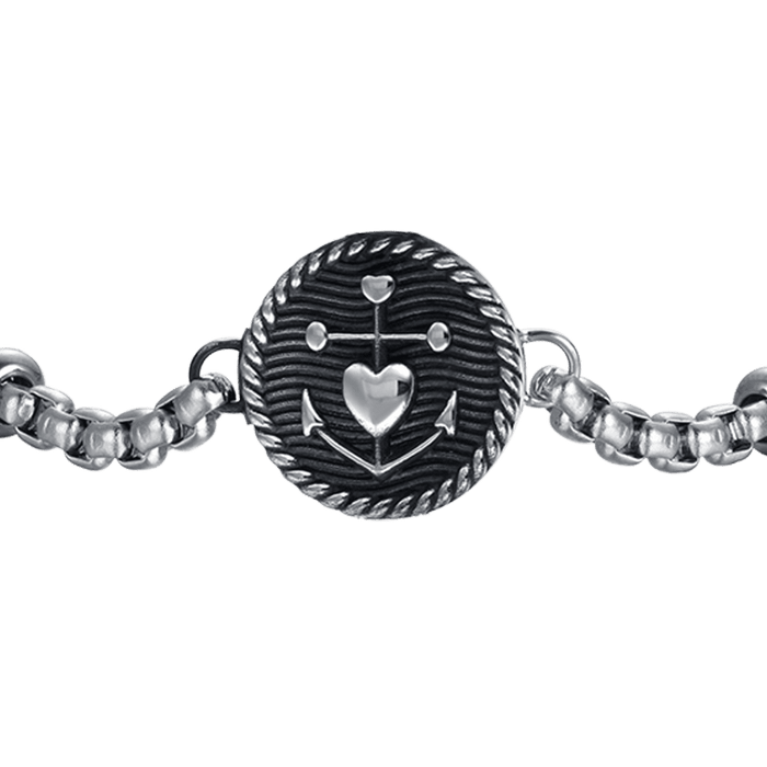 BRACELET HOMME EN ACIER AVEC PLAQUE ÉMAIL NOIR ET ANCRE AVEC CŒUR