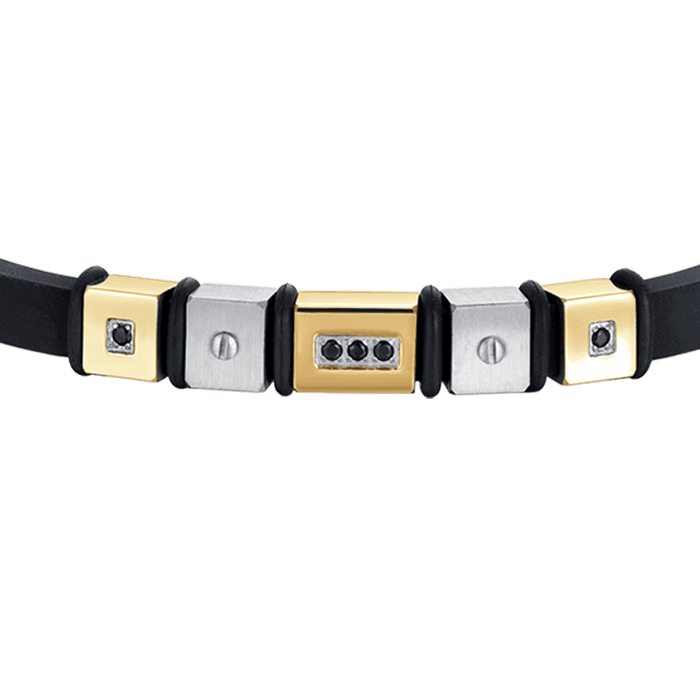BRACCIALE UOMO IN SILICONE NERO CON ELEMENTI IN ACCIAIO E ACCIAIO IP GOLD