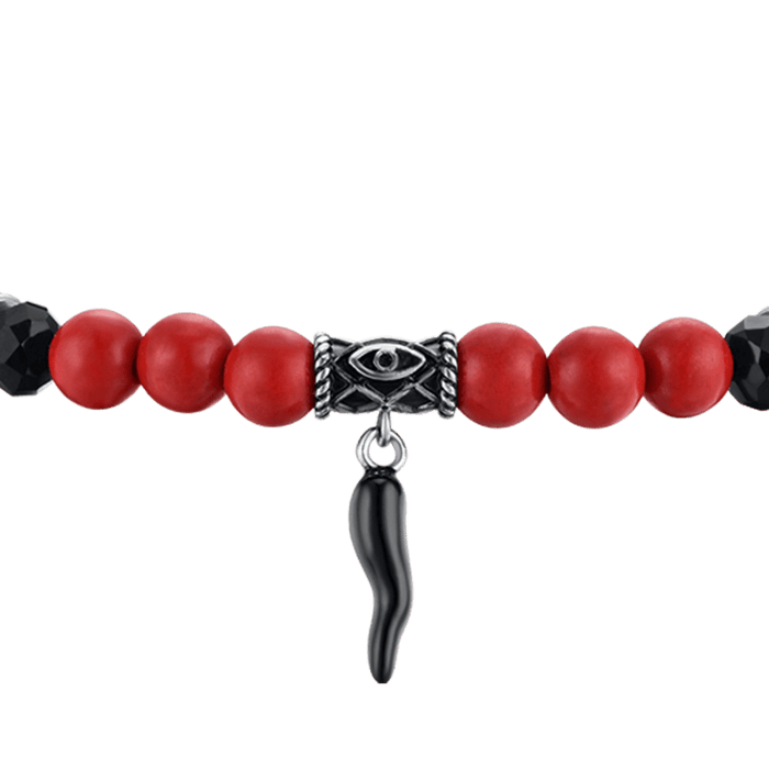 ELASTIC MEN'S BRACELET WITH RED AND BLACK STONES AND BLACK HORN