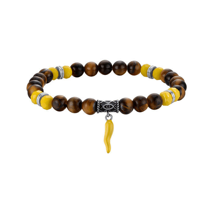 BRACCIALE UOMO ELASTICO CON PIETRE OCCHIO DI TIGRE E GIALLE E CORNO GIALLO