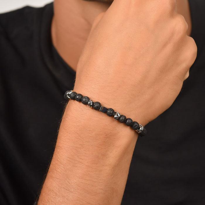 BRACELET EN ACIER POUR HOMME AVEC PIERRES NOIRES ET ÉLÉMENTS EN ACIER