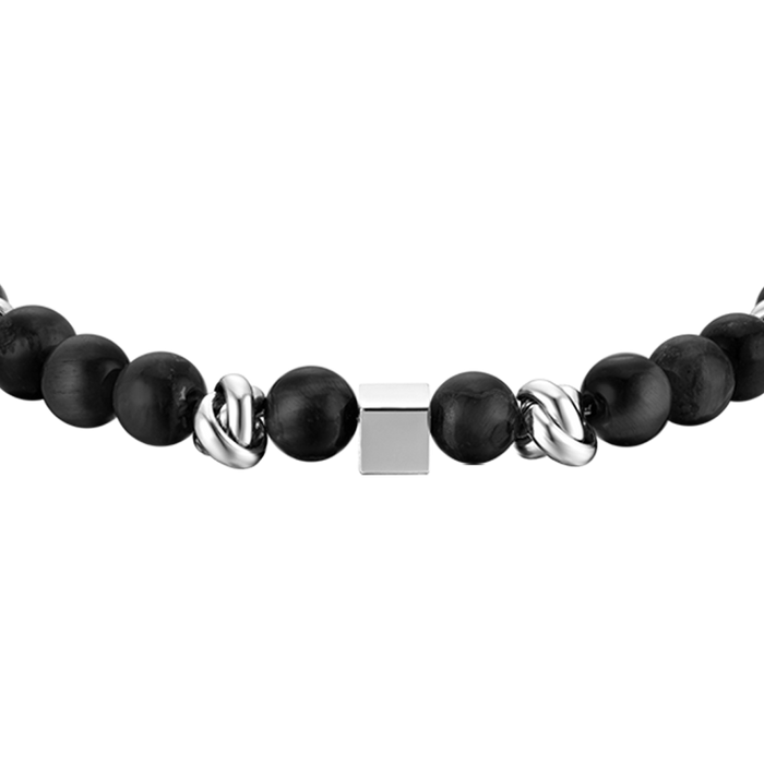 BRACELET EN ACIER POUR HOMME AVEC PIERRES NOIRES ET ÉLÉMENTS EN ACIER