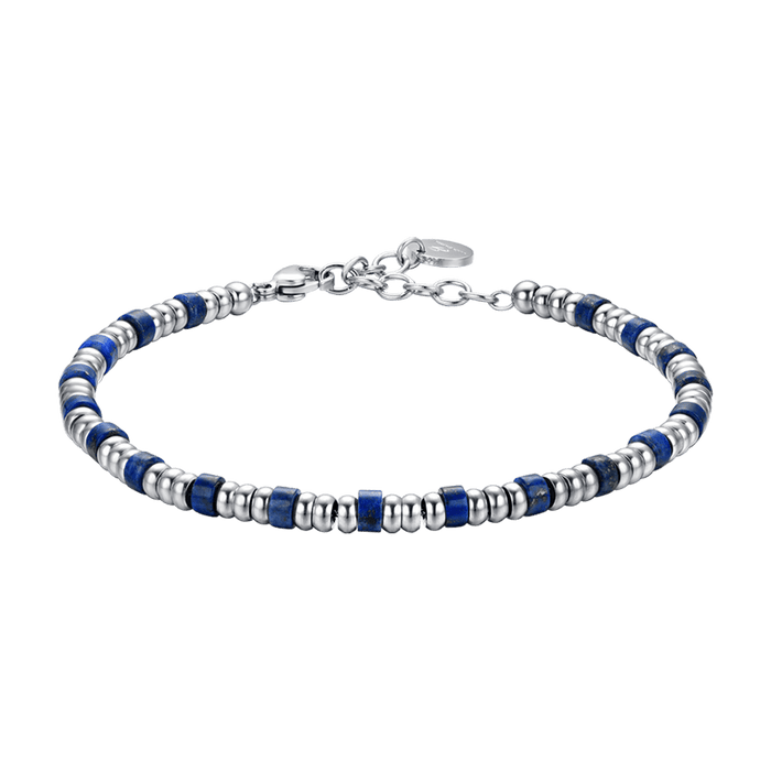 BRACELET HOMME EN ACIER AVEC ÉLÉMENTS ARGENTÉS ET PIERRES BLEUES
