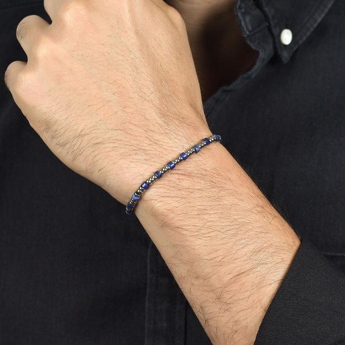 BRACELET HOMME EN ACIER AVEC ÉLÉMENTS ARGENTÉS ET PIERRES BLEUES
