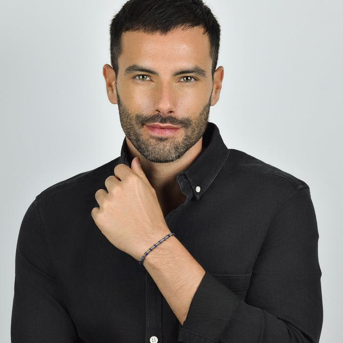 BRACELET HOMME EN ACIER AVEC ÉLÉMENTS ARGENTÉS ET PIERRES BLEUES