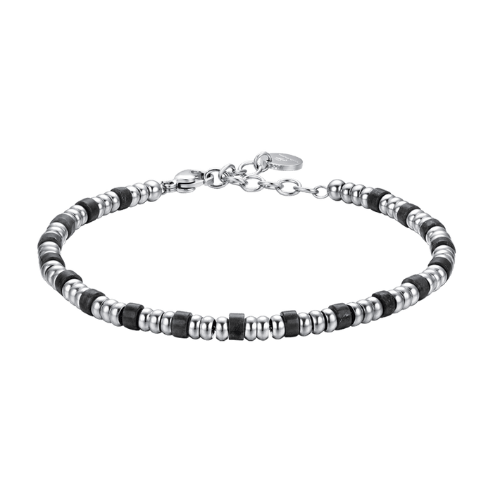 BRACELET HOMME EN ACIER AVEC ÉLÉMENTS ARGENTÉS ET PIERRES NOIRES