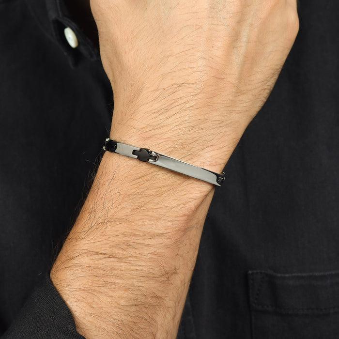 BRACELET HOMME EN ACIER AVEC PLAQUE ET CROIX IP NOIR