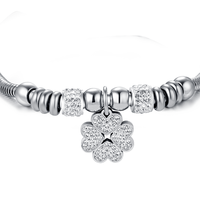 BRACCIALE DONNA IN ACCIAIO CON QUADRIFOGLIO CON CRISTALLI BIANCHI