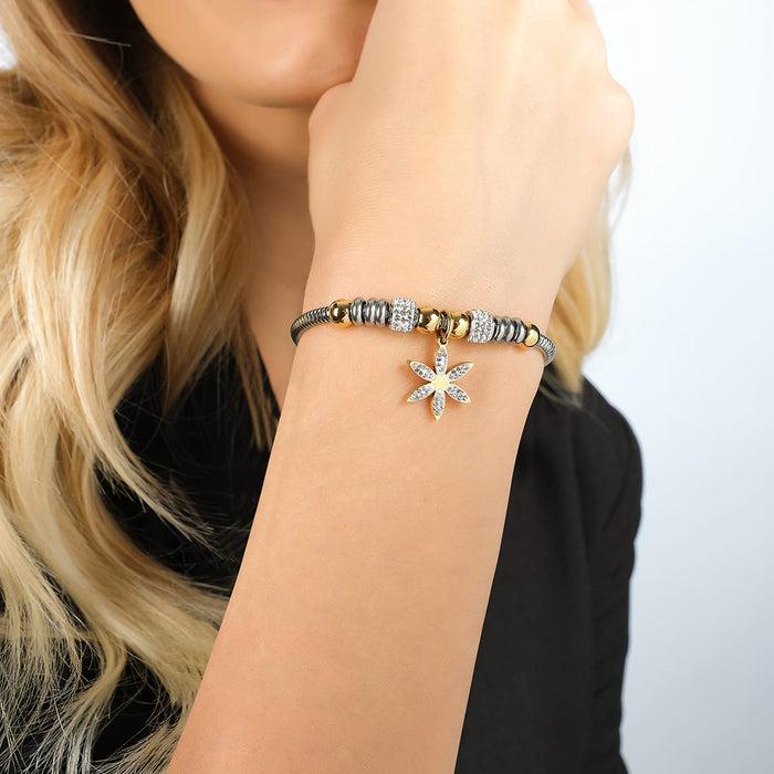 BRACELET FEMME EN ACIER AVEC FLEUR DE VIE ET ​​CRISTAUX BLANCS