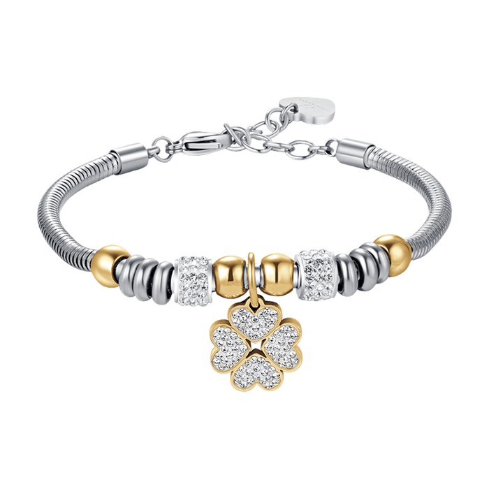 BRACCIALE DONNA IN ACCIAIO CON QUADRIFOGLIO CON CRISTALLI BIANCHI
