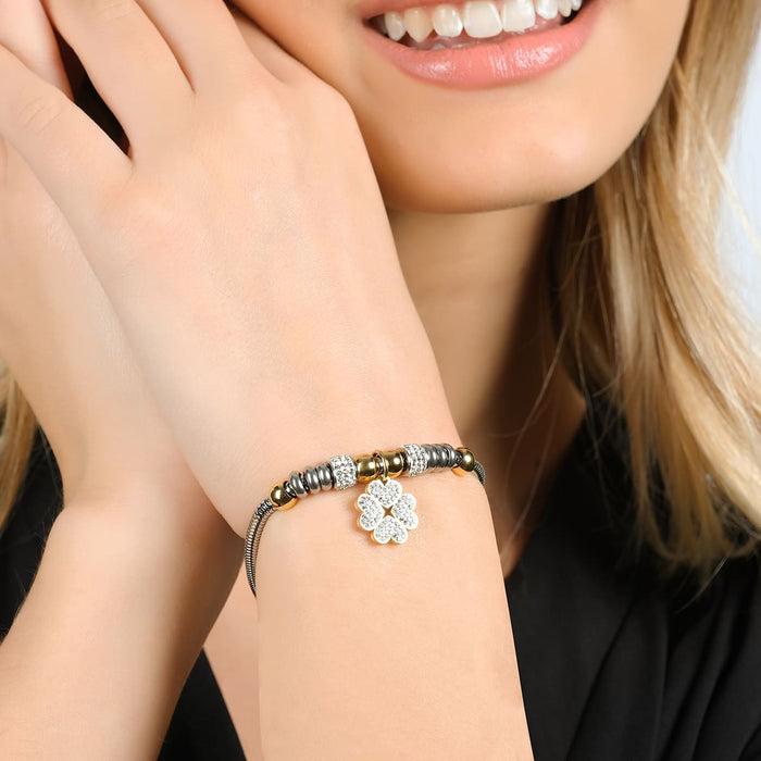 BRACCIALE DONNA IN ACCIAIO CON QUADRIFOGLIO CON CRISTALLI BIANCHI