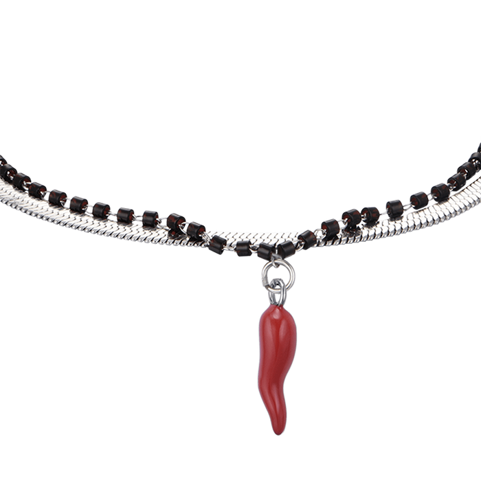 WOMEN'S STEEL BRACELET WITH HORN WITH RED ENAMEL AND BLACK ELEMENTS