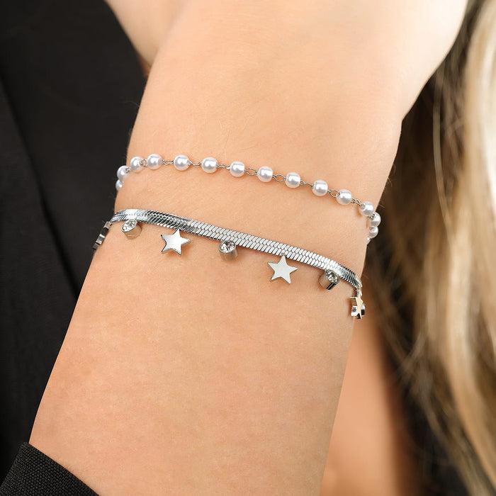 WOMEN'S BRACELET IN STEEL WITH WHITE PEARLS, STARS AND CRYSTALS