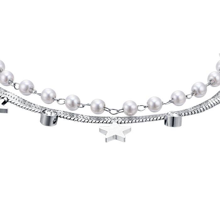 BRACCIALE DONNA IN ACCIAIO CON PERLE BIANCHE, STELLE E CRISTALLI