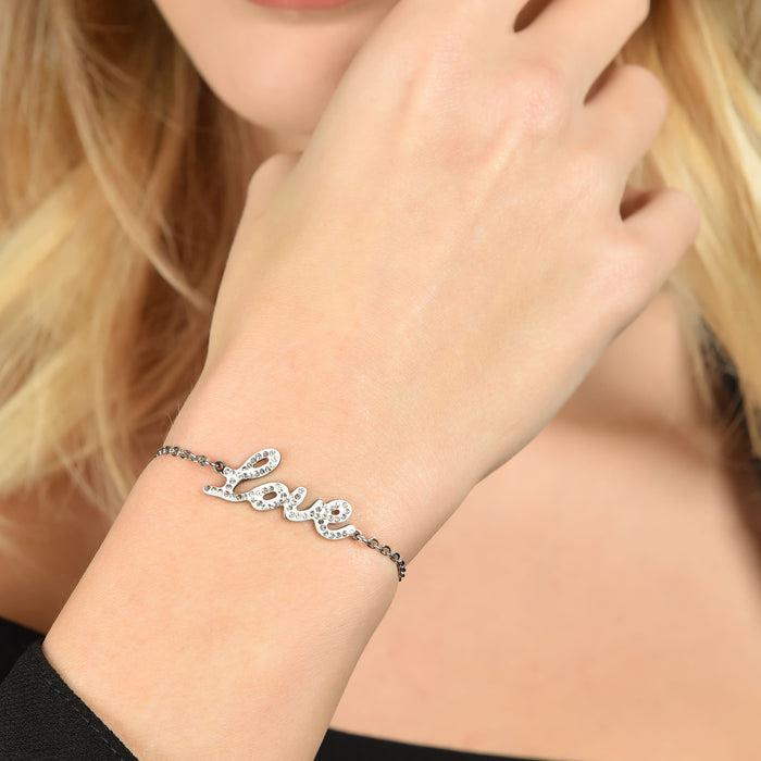 WOMEN'S STEEL BRACELET WITH LOVE WRITING WITH WHITE CRYSTALS
