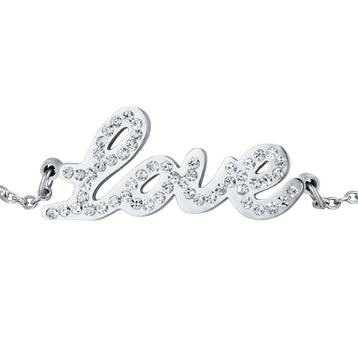 BRACCIALE DONNA IN ACCIAIO CON SCRITTA LOVE CON CRISTALLI BIANCHI