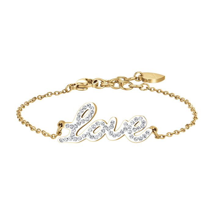 WOMEN'S BRACELET IN IP GOLD STEEL WITH LOVE WRITING WITH WHITE CRYSTALS