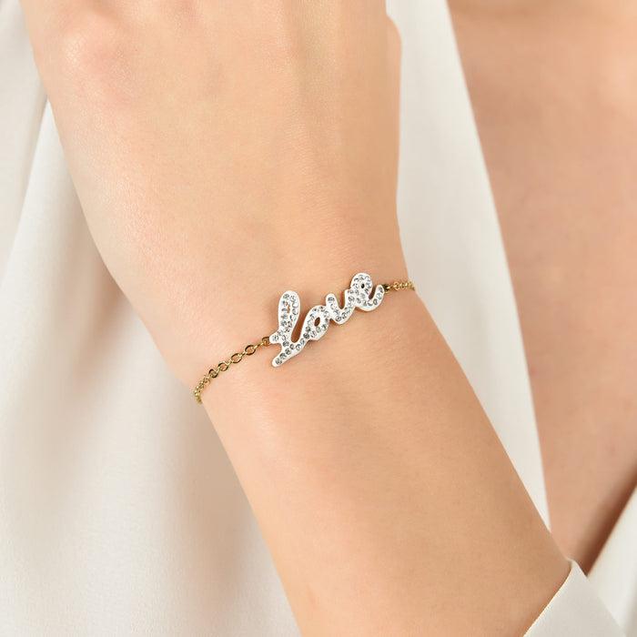 WOMEN'S BRACELET IN IP GOLD STEEL WITH LOVE WRITING WITH WHITE CRYSTALS