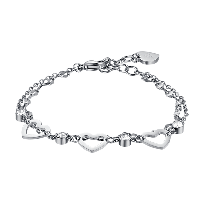 WOMEN'S MULTI-STRING BRACELET IN STEEL WITH OPENWORK HEARTS AND WHITE CRYSTALS