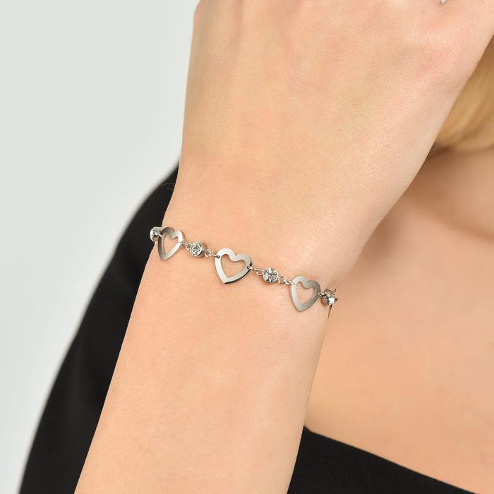 WOMEN'S STEEL BRACELET WITH OPENWORK HEARTS AND WHITE CRYSTALS