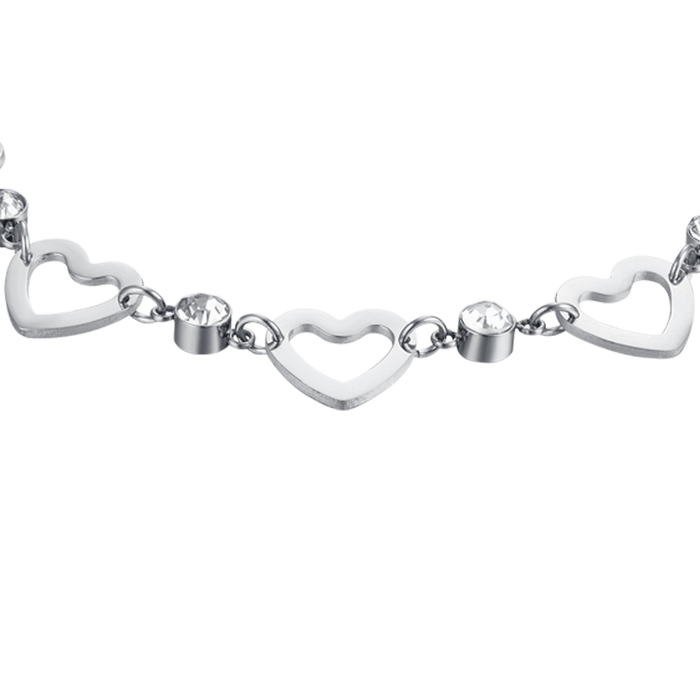 BRACCIALE DONNA IN ACCIAIO CON CUORI TRAFORATI E CRISTALLI BIANCHI