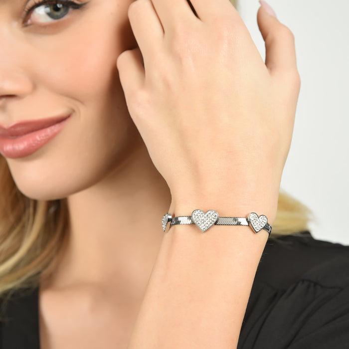 WOMEN'S SNAKE BRACELET IN STEEL WITH HEARTS WITH WHITE CRYSTALS