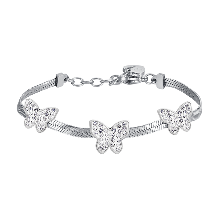 WOMEN'S SNAKE BRACELET IN STEEL WITH WHITE CRYSTAL BUTTERFLIES