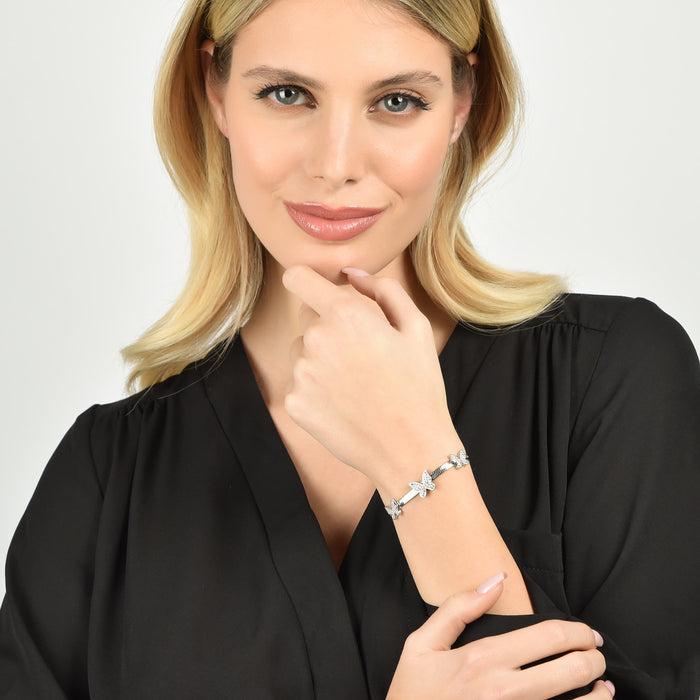 BRACELET SERPENT FEMME EN ACIER AVEC PAPILLONS EN CRISTAL BLANC