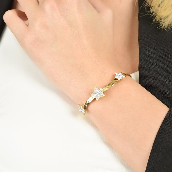 WOMEN'S SNAKE BRACELET IN IP GOLD STEEL WITH STARS WITH WHITE CRYSTALS