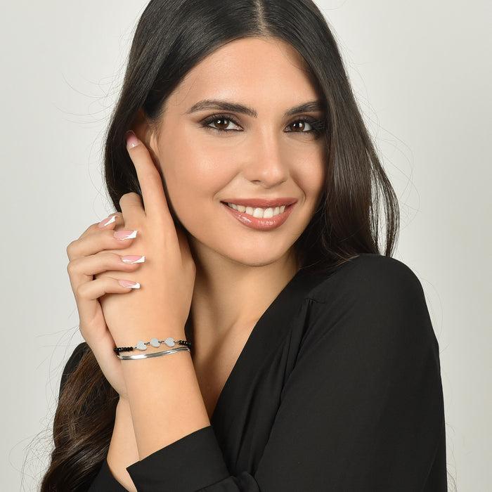 BRACELET FEMME MULTI-FILS EN ACIER AVEC CRISTAUX NOIRS ET COEURS