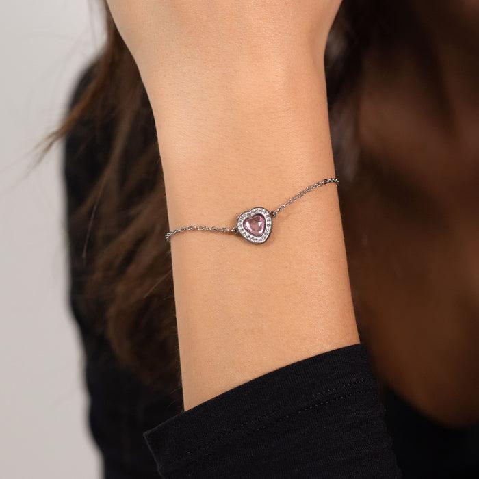 BRACELET FEMME EN ACIER COEUR CRISTAL ROSE ET CRISTAUX BLANCS
