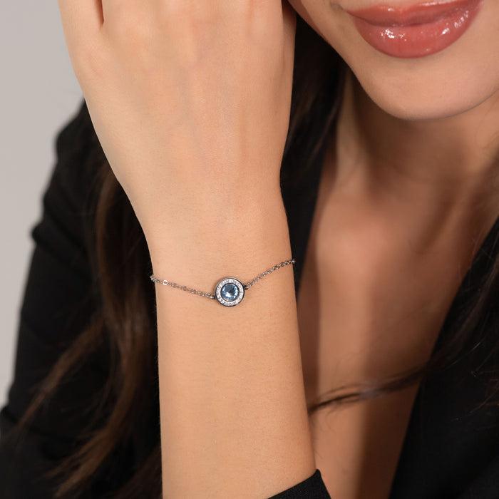 BRACELET FEMME EN ACIER AVEC ÉLÉMENT EN CRISTAL AIGUE-MARINE ET CRISTAUX BLANCS