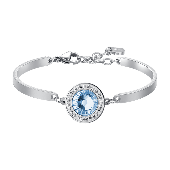 BRACELET FEMME EN ACIER AVEC ÉLÉMENT EN CRISTAL AIGUE-MARINE ET CRISTAUX BLANCS